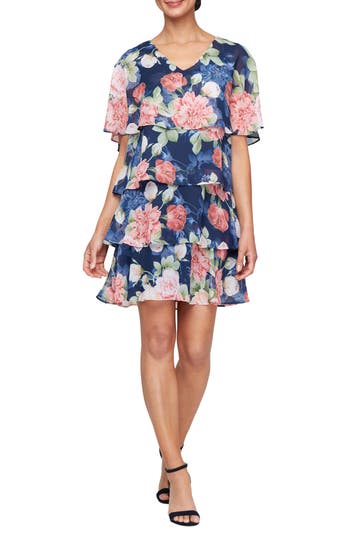 Sl Fashions Floral Flutter Sleeve Tiered Minidress In Navy Multi