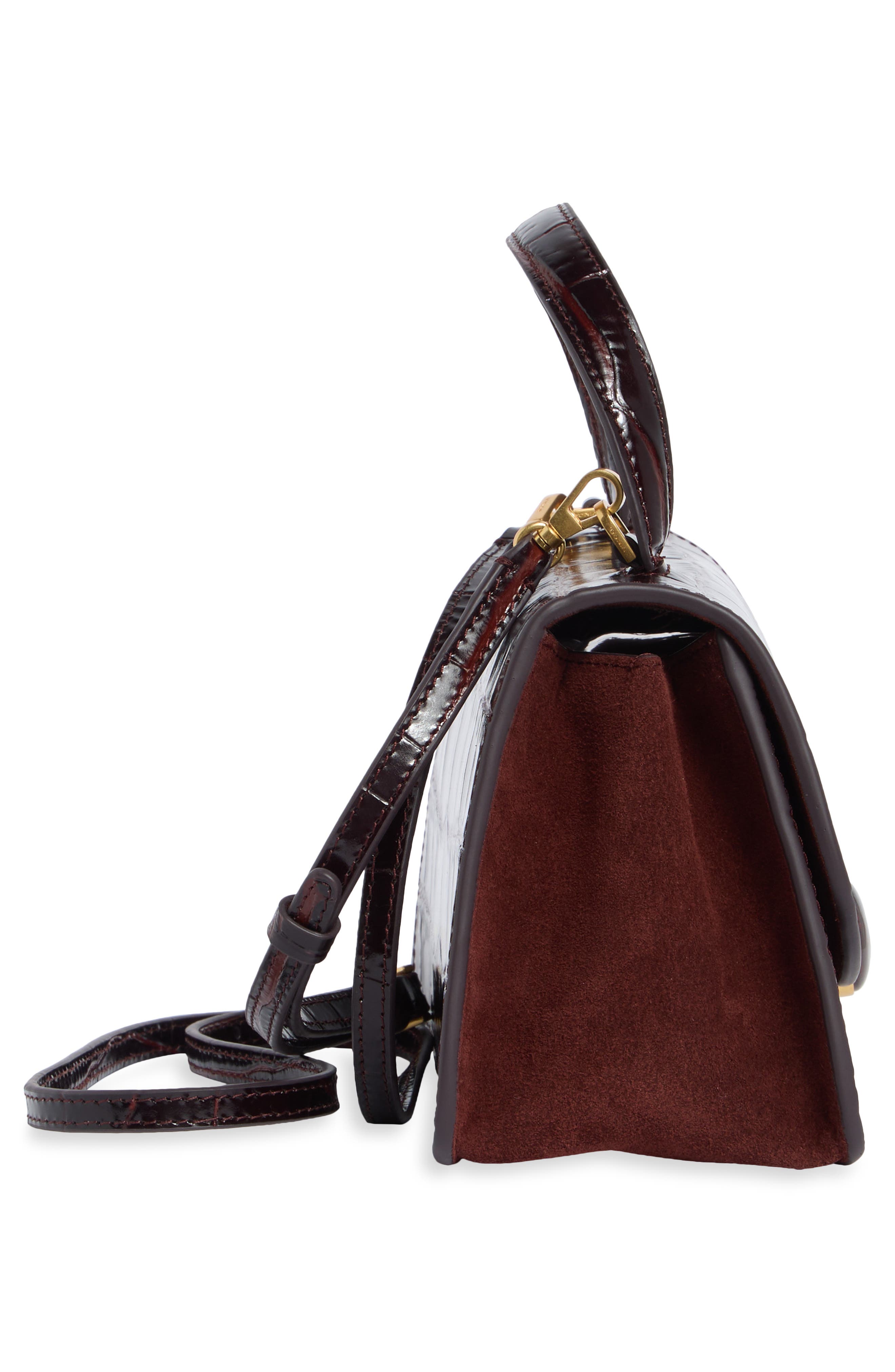 Flora Mini Croc Embossed Leather Top Handle Bag, Alternate, color, BLACK ROSE