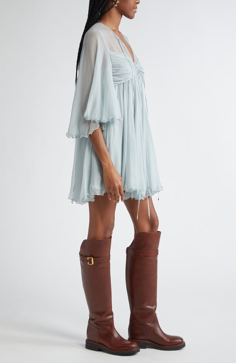 Chloé Pleated Silk Mousseline Babydoll Dress, Alternate, color, Airy Grey