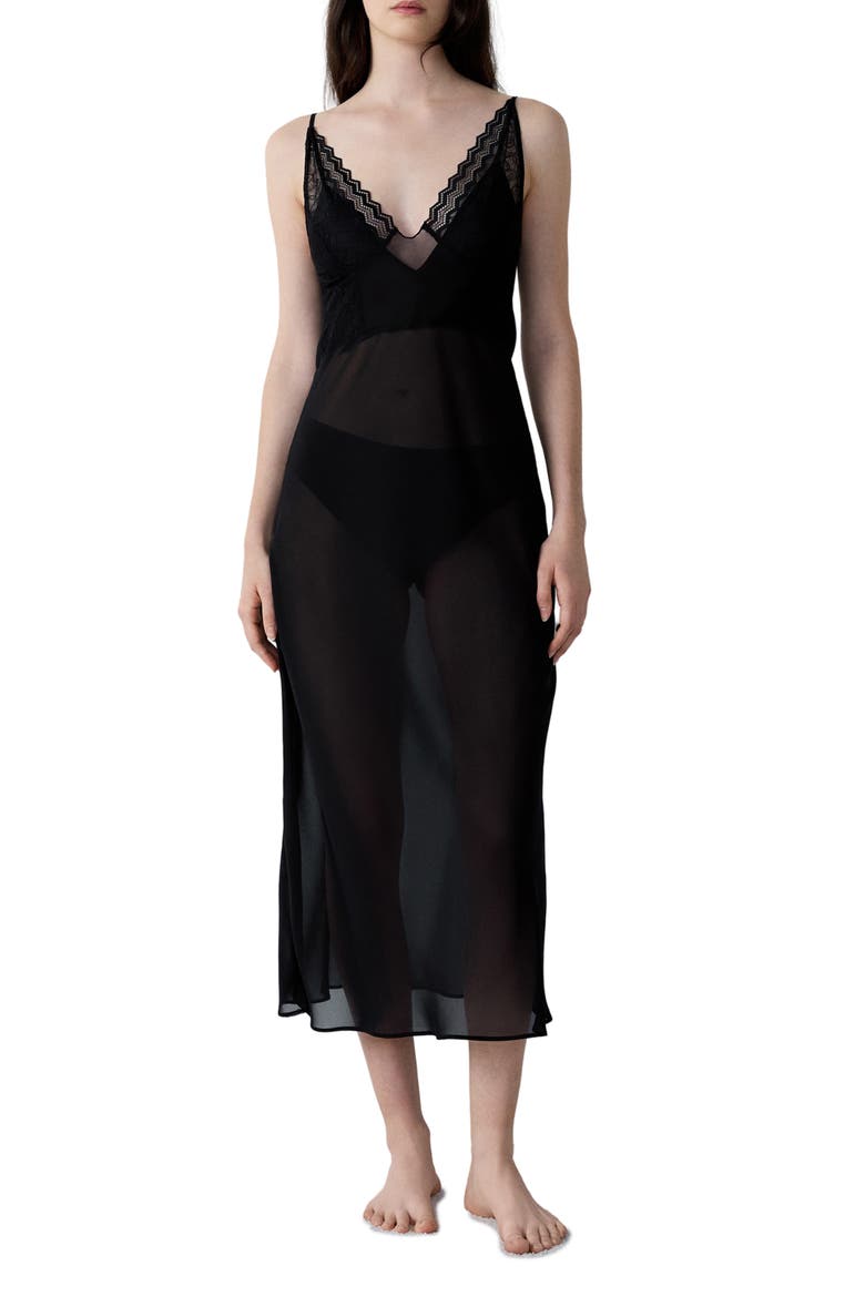 Embleme Nuisette Lace Trim Mesh Nightgown, Main, color, BLACK