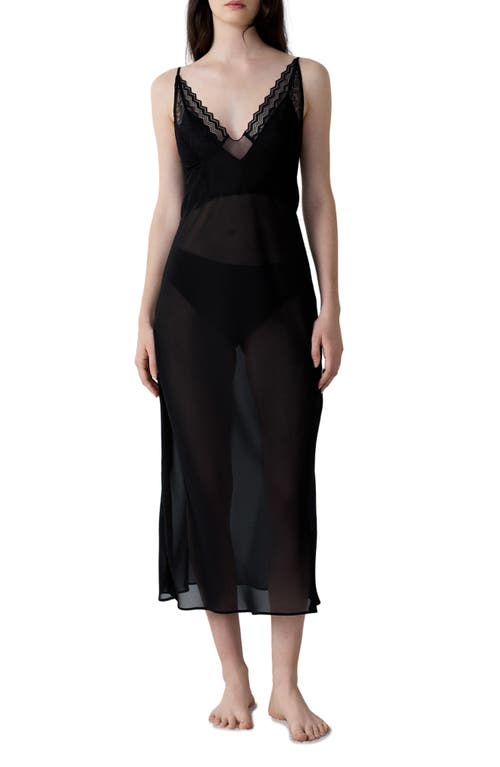 Etam Embleme Nuisette Lace Trim Mesh Nightgown In Black