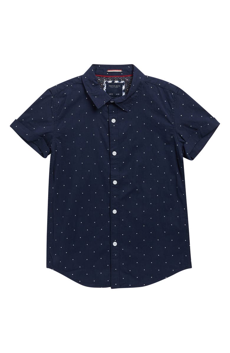 DENIM AND FLOWER Kids' Polka Dot Short Sleeve Shirt, Main, color, Navy