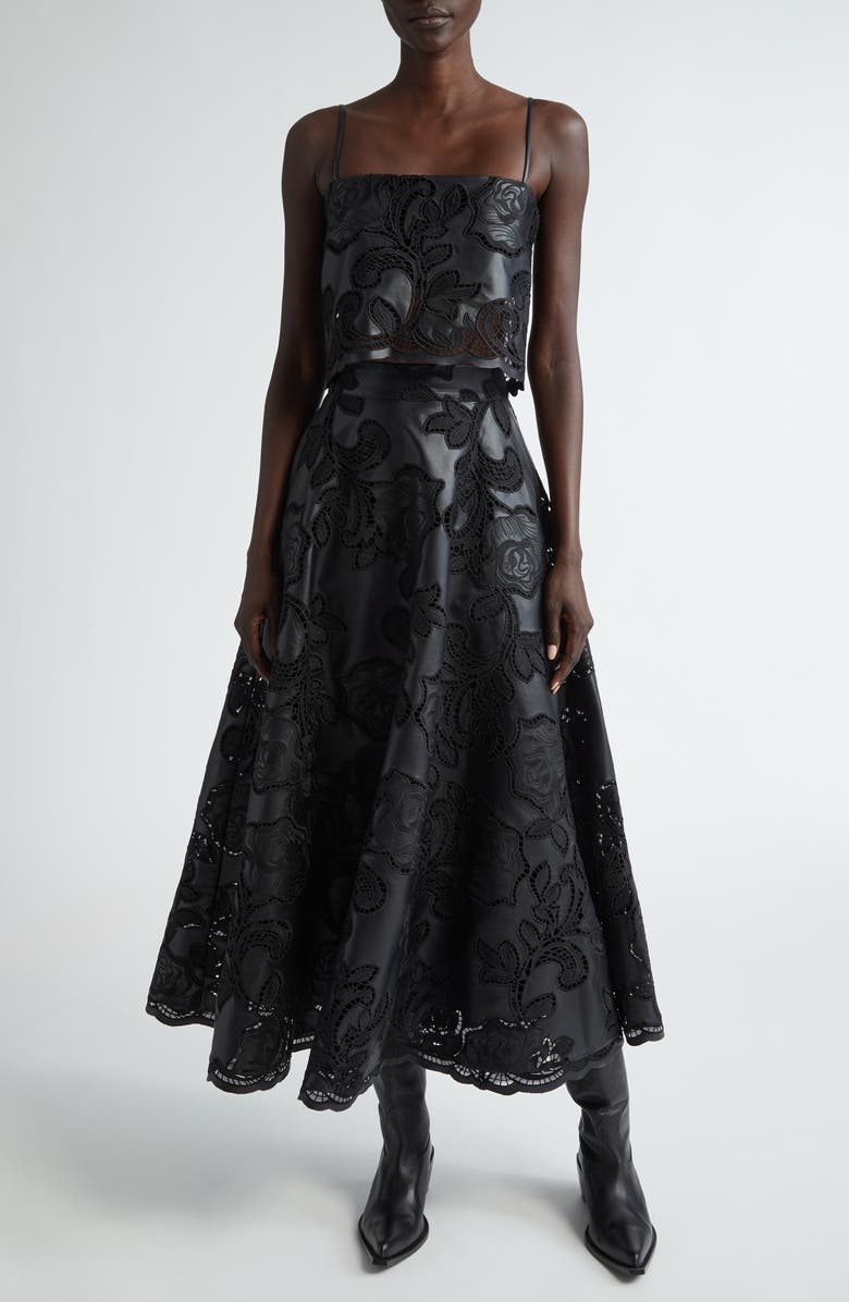 Johanna Ortiz Mesopotamia Embroidered Eyelet Faux Leather Midi Skirt, Alternate, color,