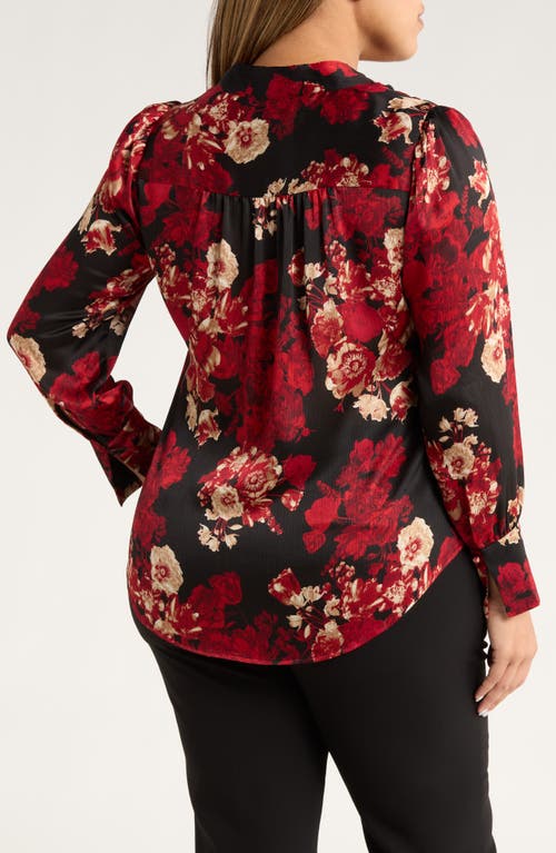 Anne Klein Pleated Print Split Neck Top In Black