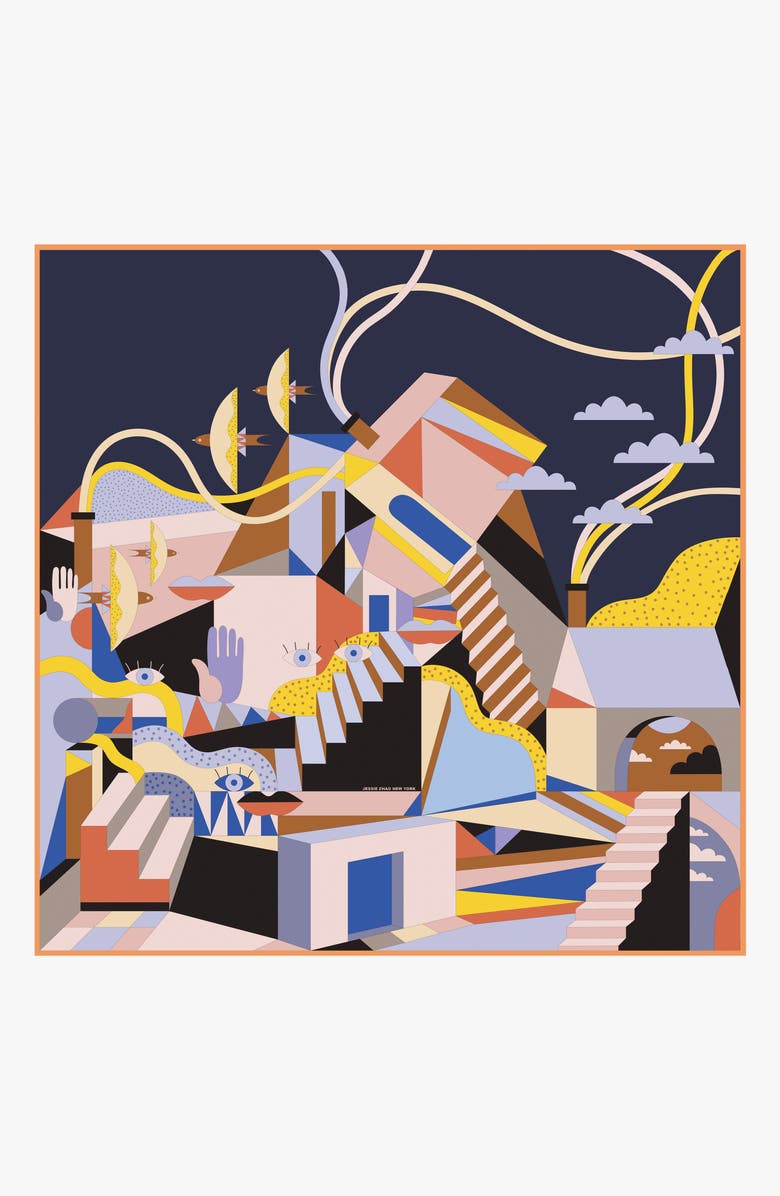 Jessie Zhao New York Double Sided Silk Scarf Of Dreamlike, Main, color, Blue