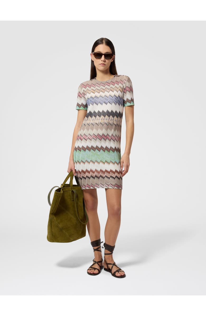 Missoni Mini Dress In Viscose Lamé With Short Sleeves, Alternate, color, Green& Brown