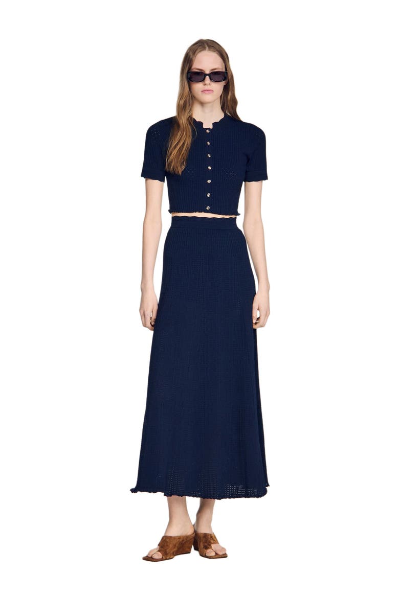 Cropped pointelle knit cardigan, Alternate, color, Navy blue