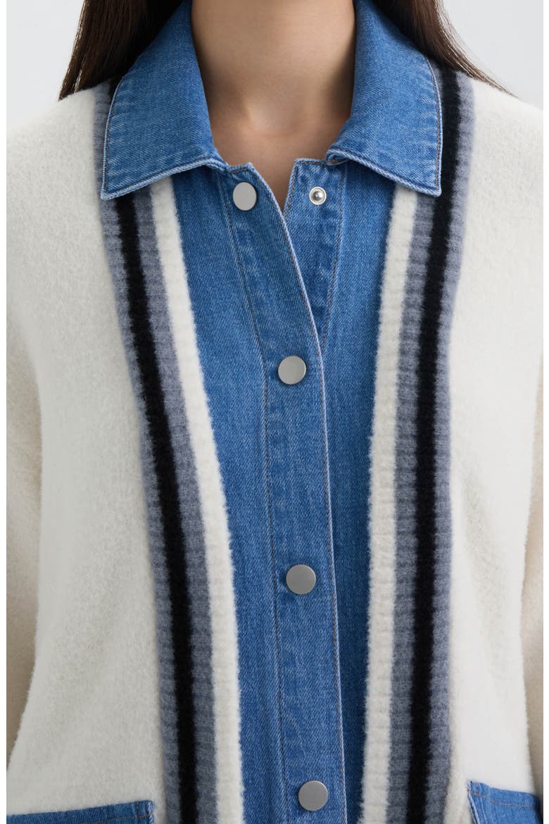 Denim Trim Varsity Cardigan, Alternate, color, MARSHMALLOW