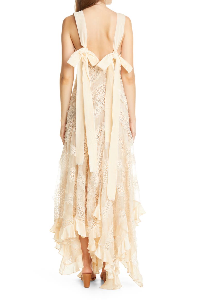 Charm Star Lace & Ruffle Trim Silk Dress, Alternate, color, CREAM
