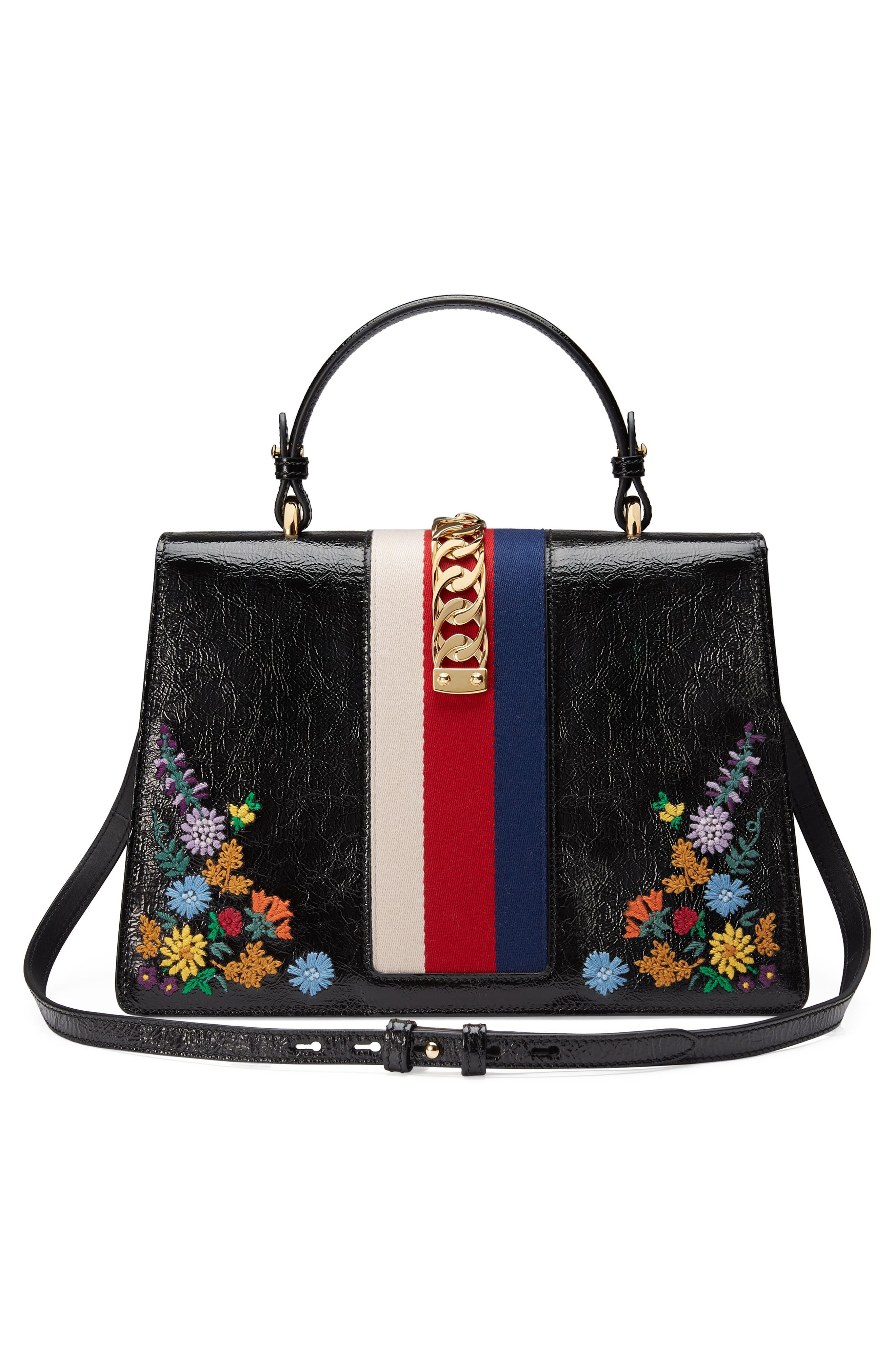 Gucci Medium Sylvie Floral Embroidered Top Handle Leather Shoulder Bag, Alternate, color, 