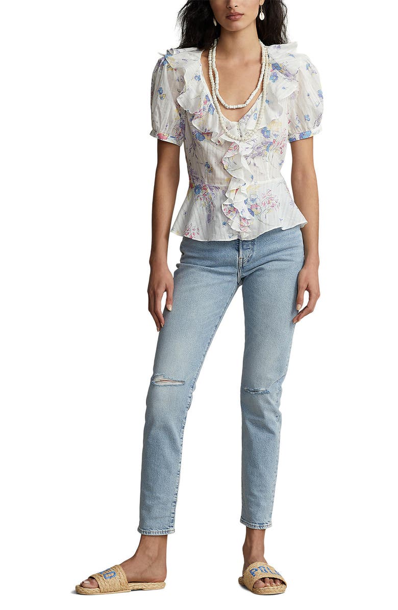 Polo Ralph Lauren Ryle Ruffle Puff Sleeve Cotton Button-Up Shirt, Alternate, color, 