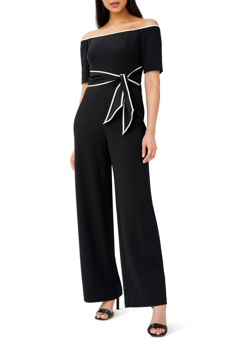Tie Waist Knit Crepe Jumpsuit, Main, color, BLACK