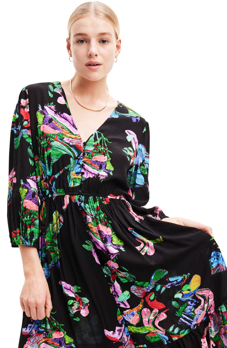 Desigual Poppy Floral Print Long Sleeve Dress, Alternate, color, 