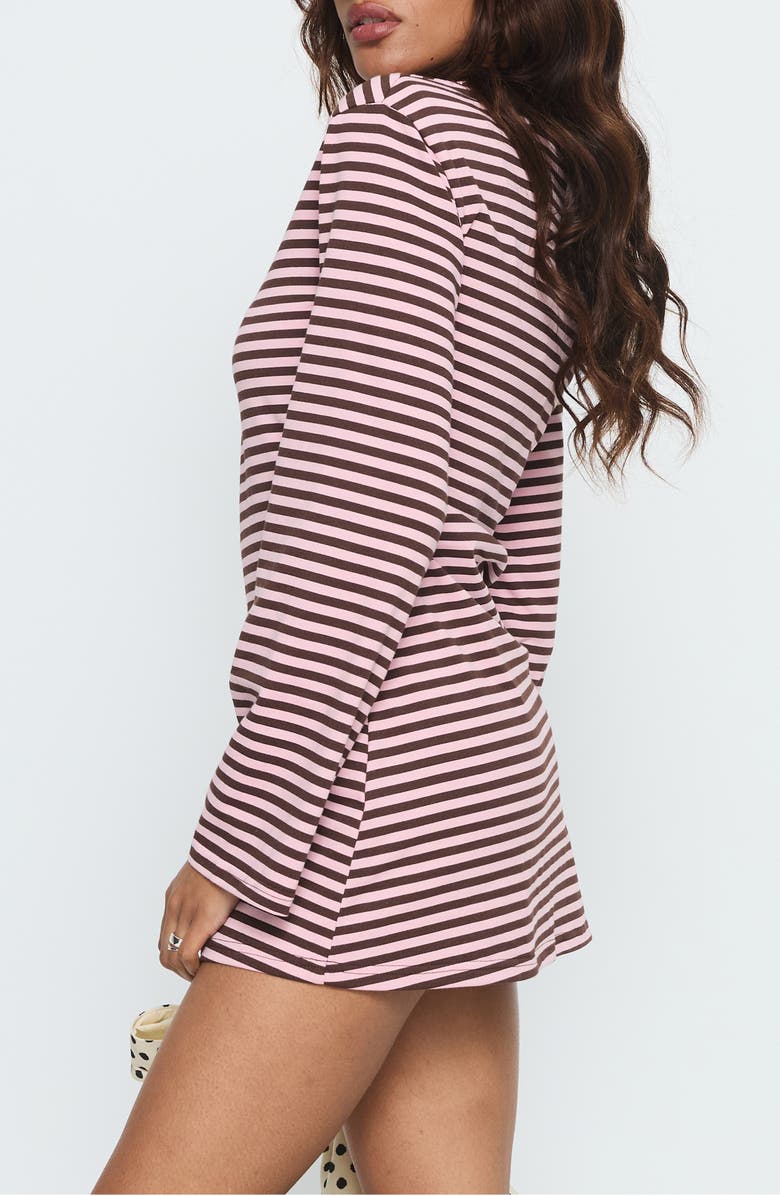 Princess Polly Lulolah Stripe Long Sleeve T-Shirt Minidress, Alternate, color, Chocolate / Pink Stripe