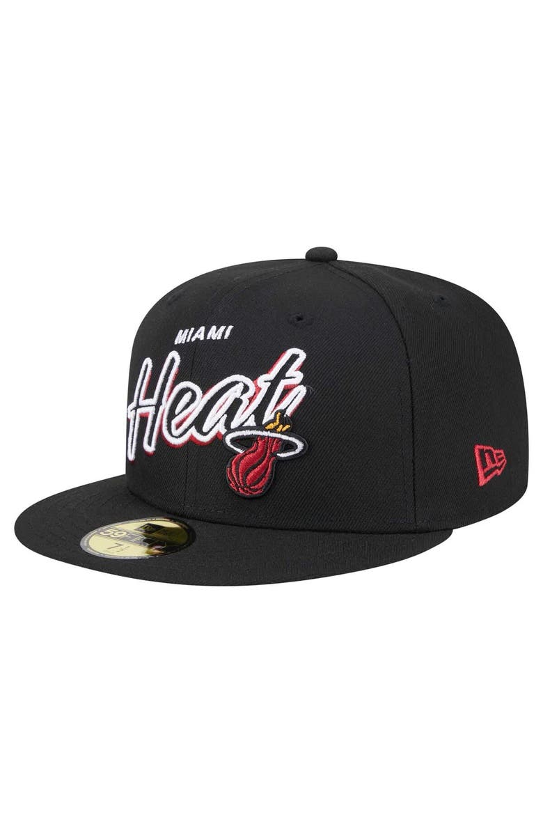 New Era Men's New Era Black Miami Heat Sport Night Script Sided 59FIFTY Fitted Hat, Main, color, Black