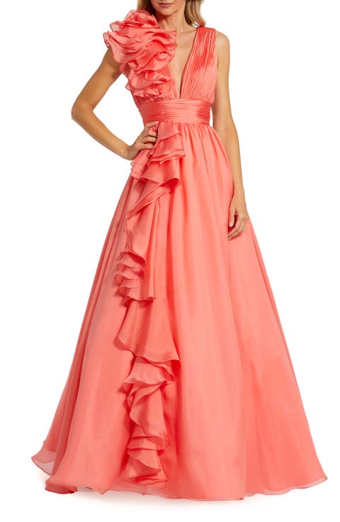 Ruffle Shoulder V-Neck Chiffon Gown