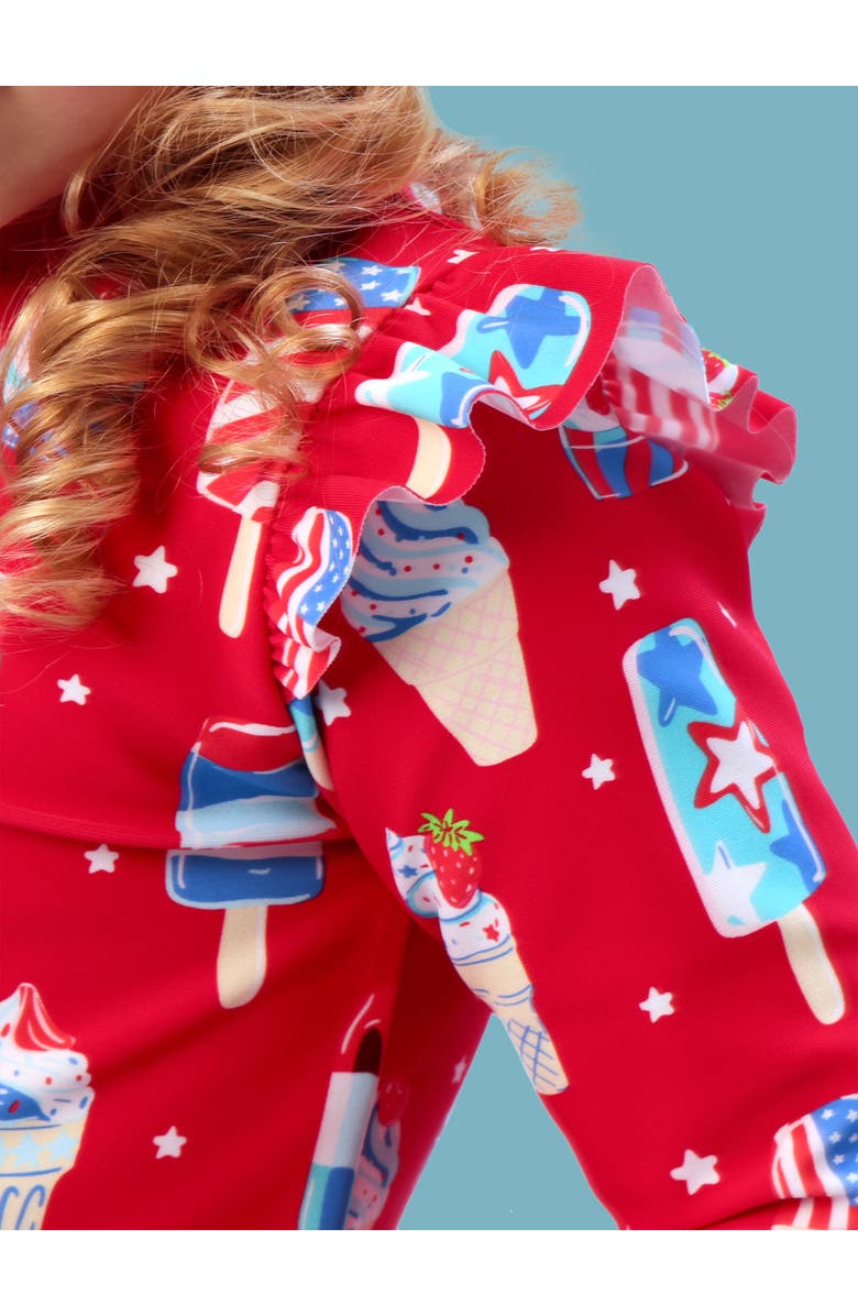 RuffleButts UPF50 Sun Protected Skirted Flutter Long Sleeve Rash Guard Bikini, Alternate, color, Stars & Scoops