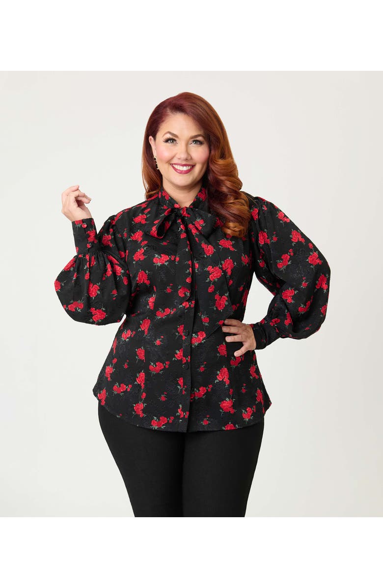 Unique Vintage Plus Size Long Sleeve Neck Tie Gwen Blouse, Alternate, color, Black & Red Rose Print