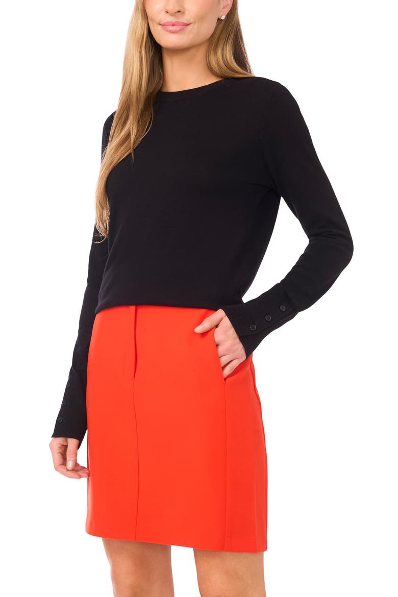 Button Cuff Crewneck Sweater, Main, color, RICH BLACK
