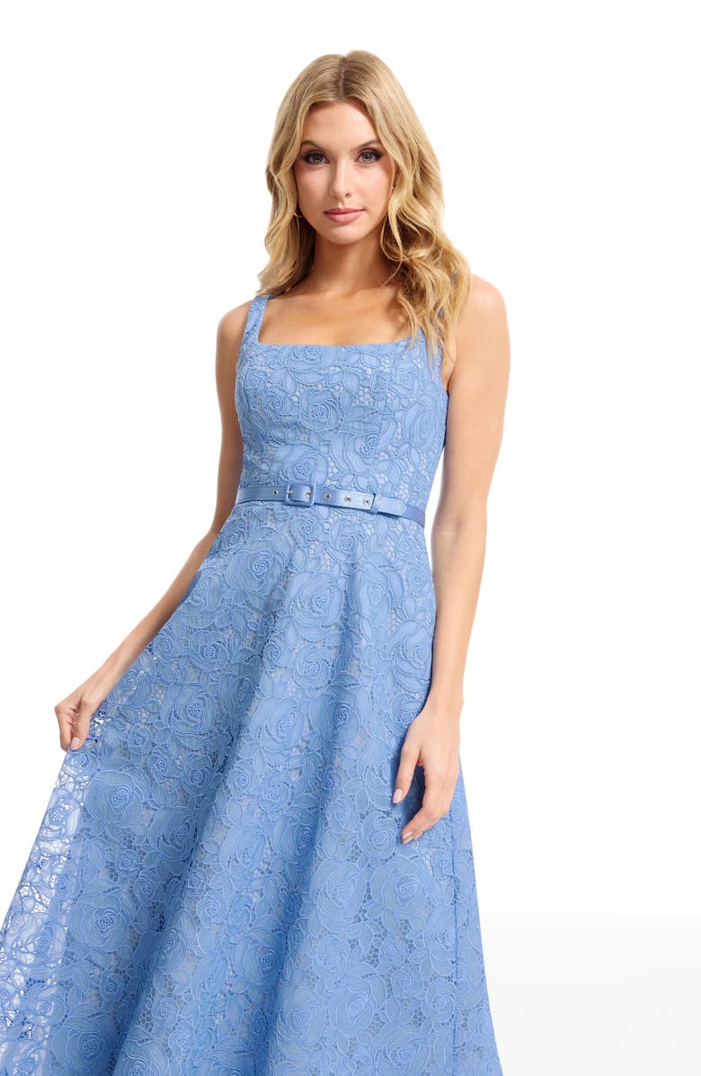Dress the Population Shelby Floral Guipure Lace Cocktail Midi Dress, Alternate, color, Sky