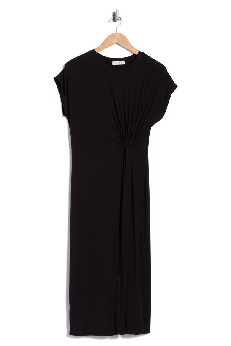 Front Knot Cap Sleeve Midi Dress, Alternate, color, BLACK