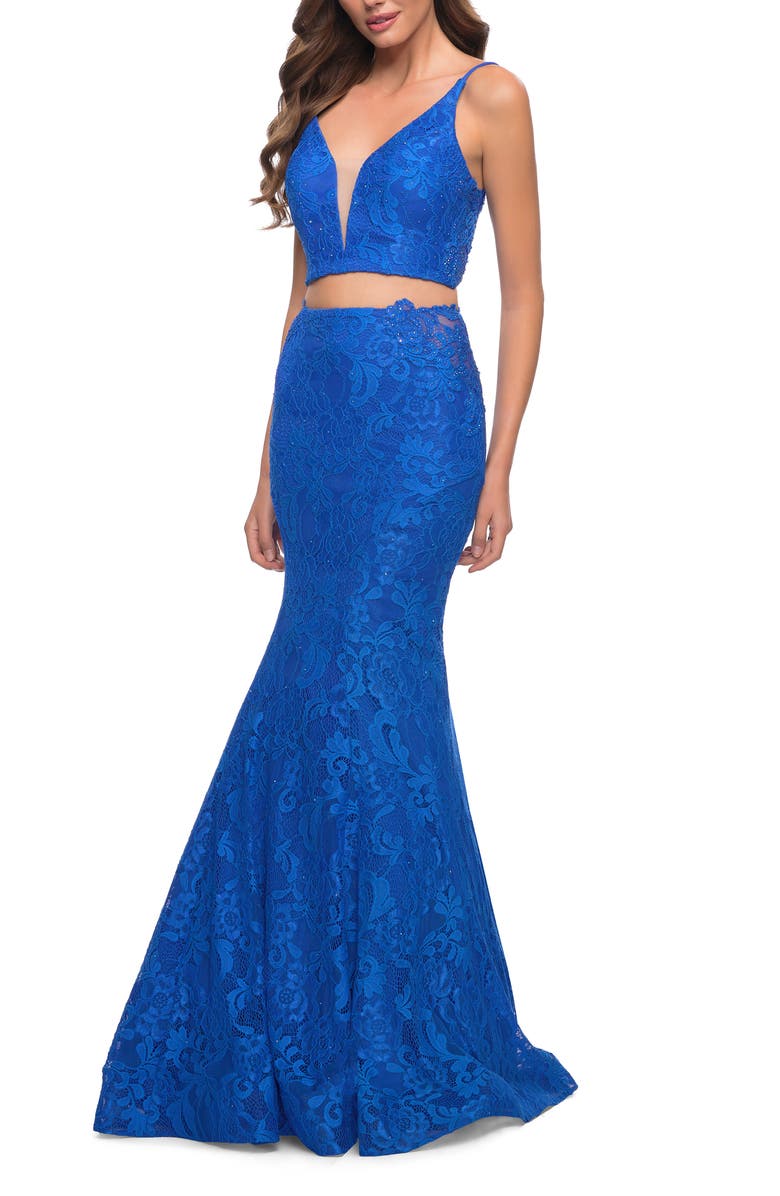 La Femme Stretch Lace Two-Piece Mermaid Gown, Alternate, color, 