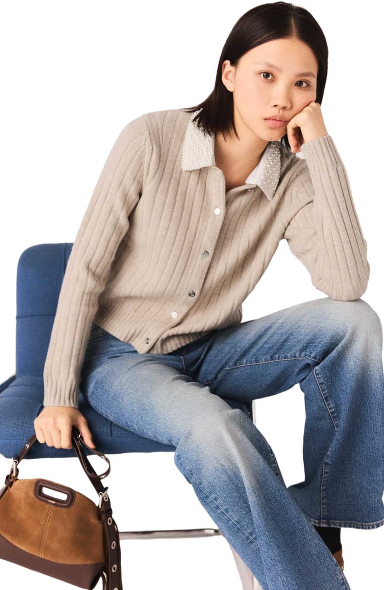 maje Cardigan with removable bead collar, Alternate, color, Beige