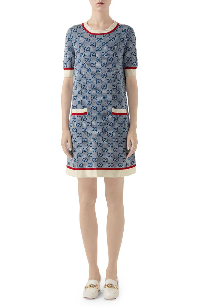 Gucci GG Logo Jacquard Shift Sweater Dress, Main, color, 