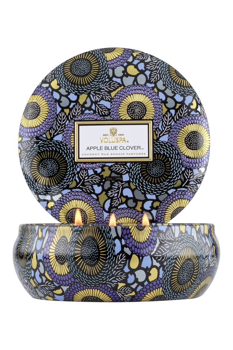 Apple Blue Clover Three-Wick Tin Candle, Alternate, color, APPLE BLUE CLOVER