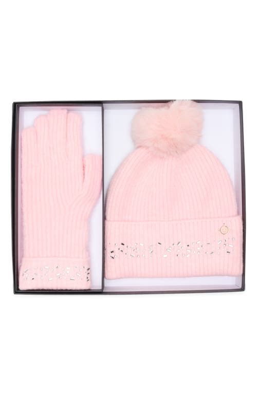 Ted Baker London Crystal Faux Fur Pompom Beanie & Scarf Box Set In Pink