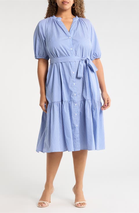 Fannie Striped Wynette Tiered Cotton Midi Dress (Plus)