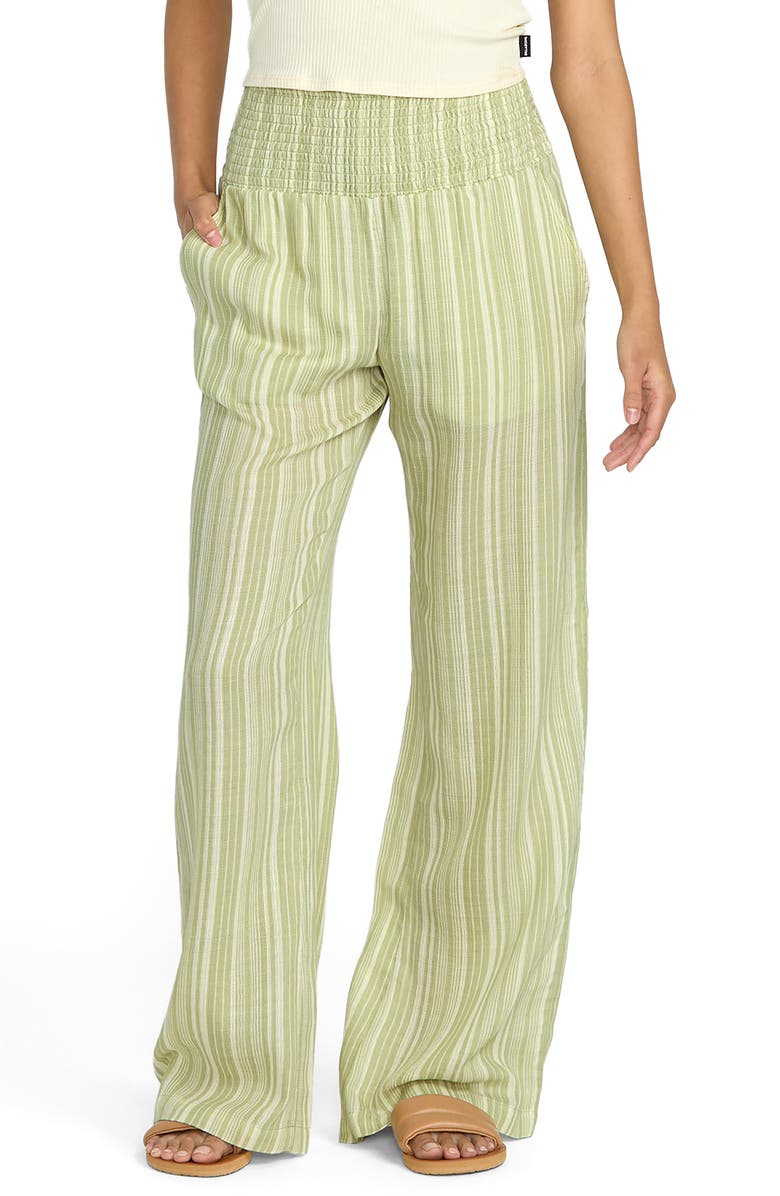 Billabong New Waves Stripe Smock Waist Cotton Gauze Pants, Main, color, Avocado