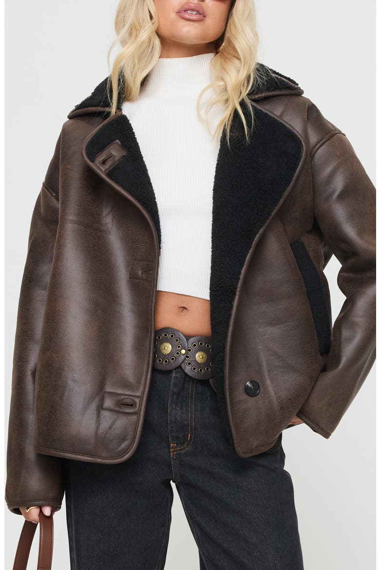 Nunez Water Repellent Faux Shearling Lined Faux Leather Jacket, Main, color, BROWN