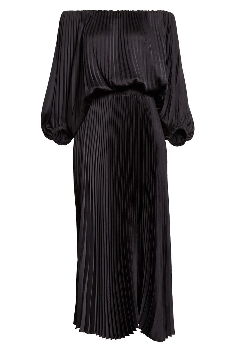 Sienna Pleated Off the Shoulder Maxi Dress, Alternate, color, BLACK