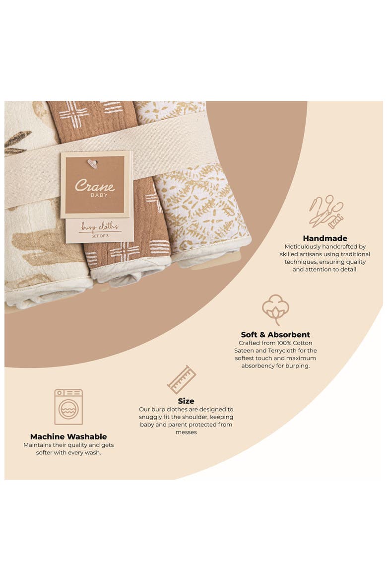 3-Pack Cotton Baby Burp Cloth Set, Alternate, color, TAN/ MULTI