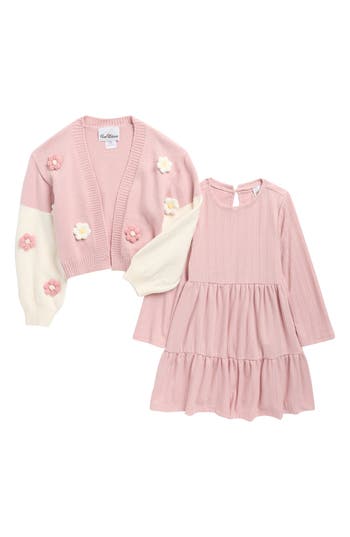 Rare Editions Kids' 3d Flower Cardigan & Long Sleeve Dress Set In Pink