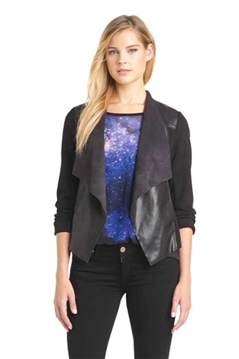 'Lincoln' Faux Leather Drape Front Jacket, Alternate, color, BLACK