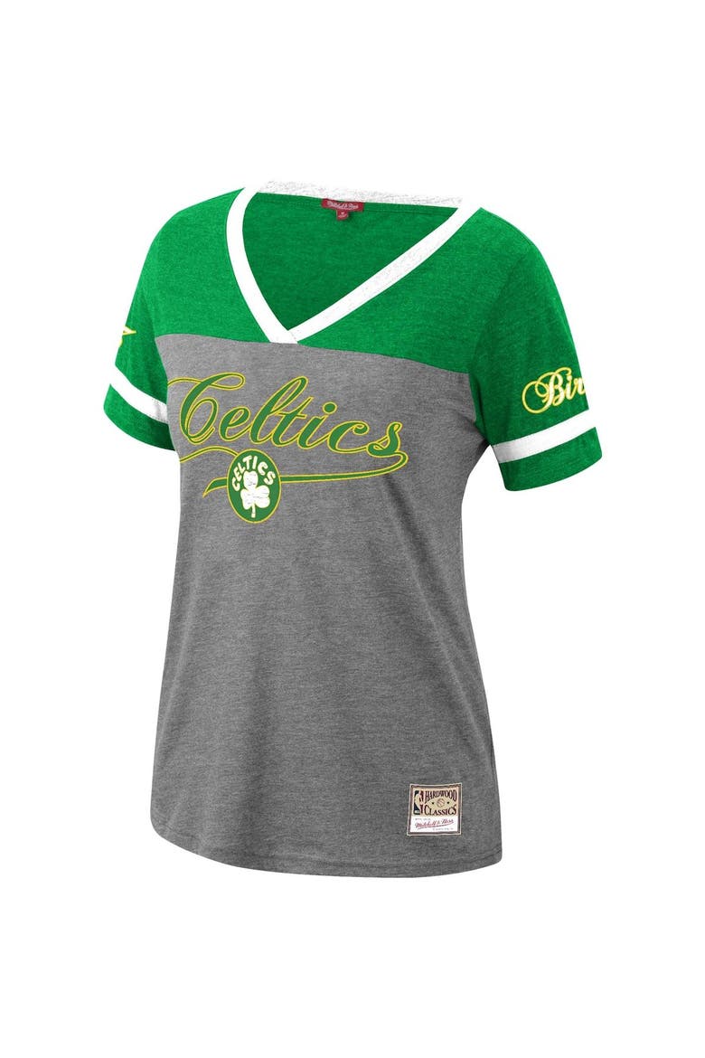 Women's Mitchell & Ness Larry Bird Heathered Charcoal Boston Celtics Team Captain V-Neck T-Shirt, Alternate, color, Heather Charcoal