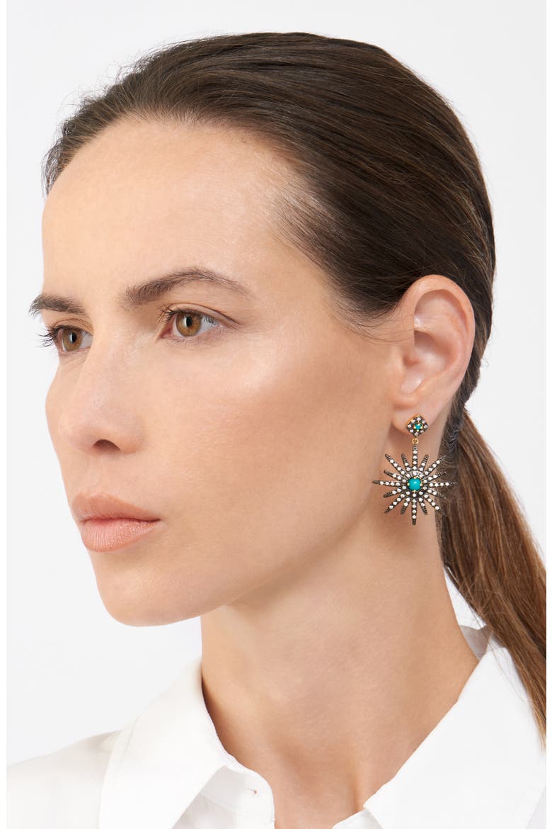 14K Yellow Gold Plated Turquoise & Swarovski Crystal Accented Starburst Earrings, Alternate, color, BLUE