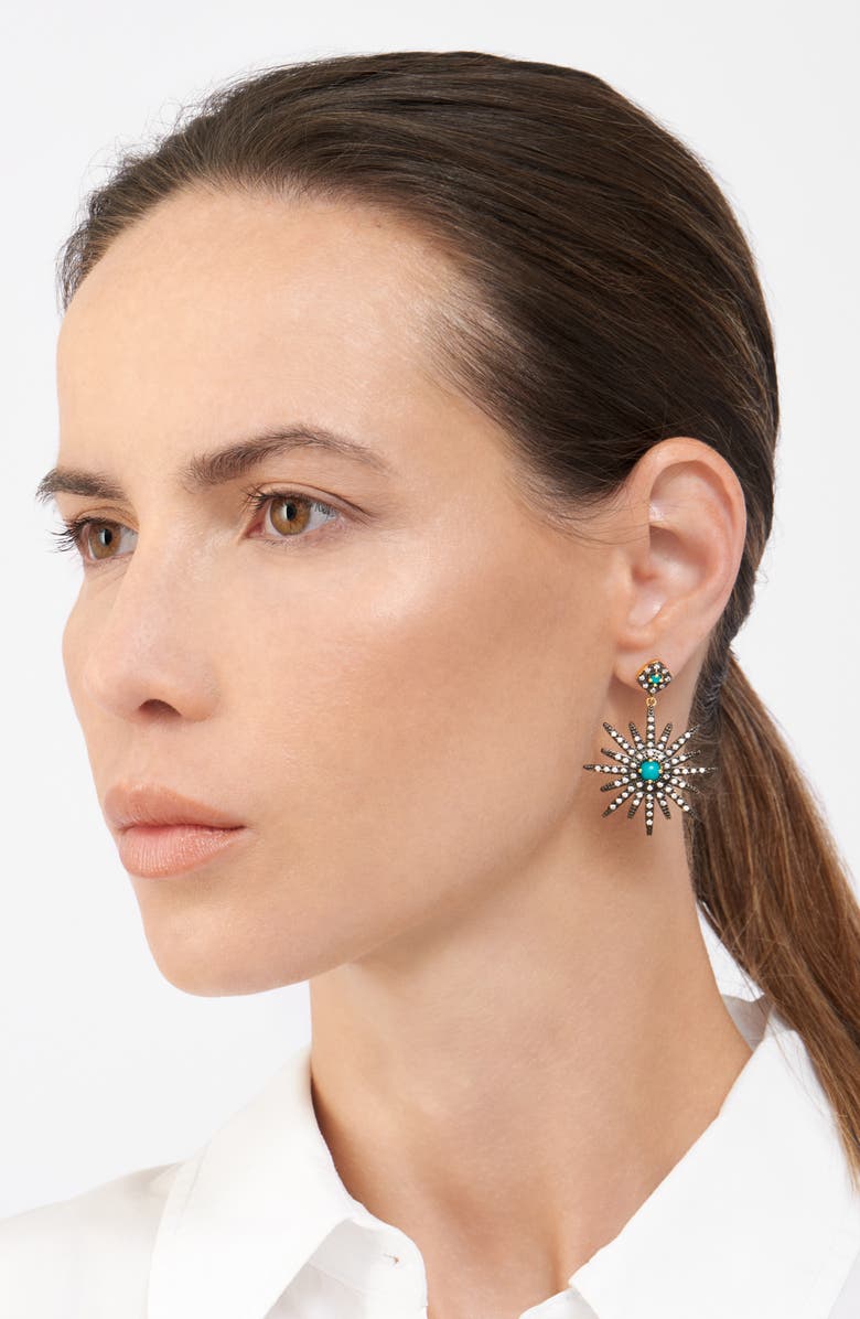 Adornia 14K Yellow Gold Plated Turquoise & Swarovski Crystal Accented Starburst Earrings, Alternate, color, Blue
