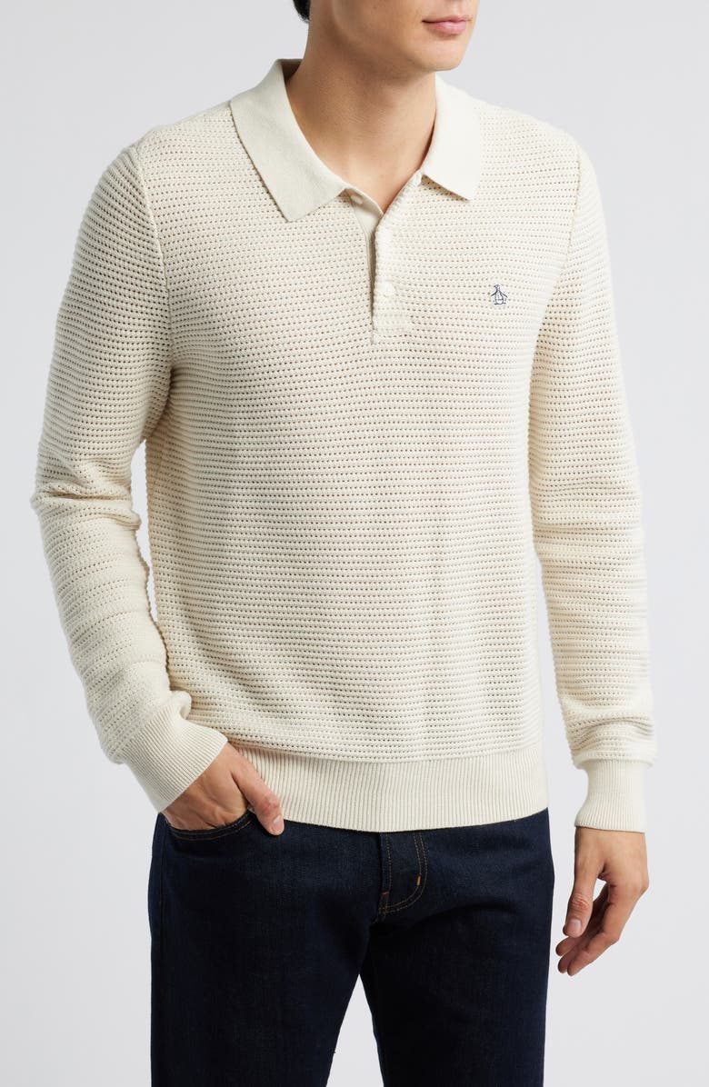 Original Penguin Long Sleeve Cotton Mesh Polo Sweater, Main, color, 