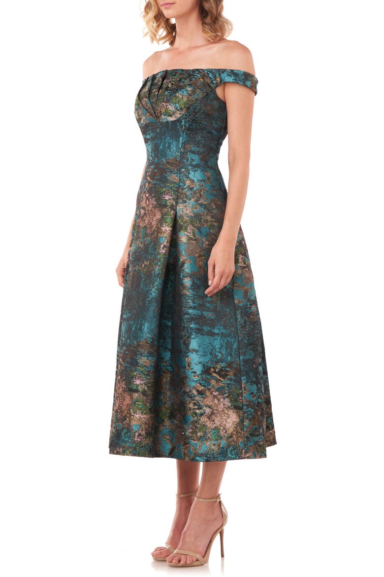 Carina Metallic Jacquard Off the Shoulder Cocktail Dress, Alternate, color, TEAL MULTI