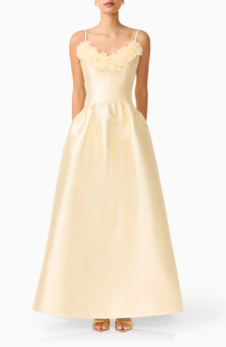 Elliatt Ruffle Sateen Fit & Flare Gown, Main, color, Yellow