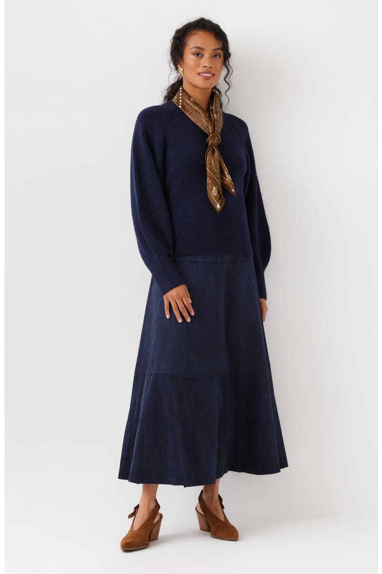 Tiered Faux Suede Midi Skirt, Alternate, color, NAVY