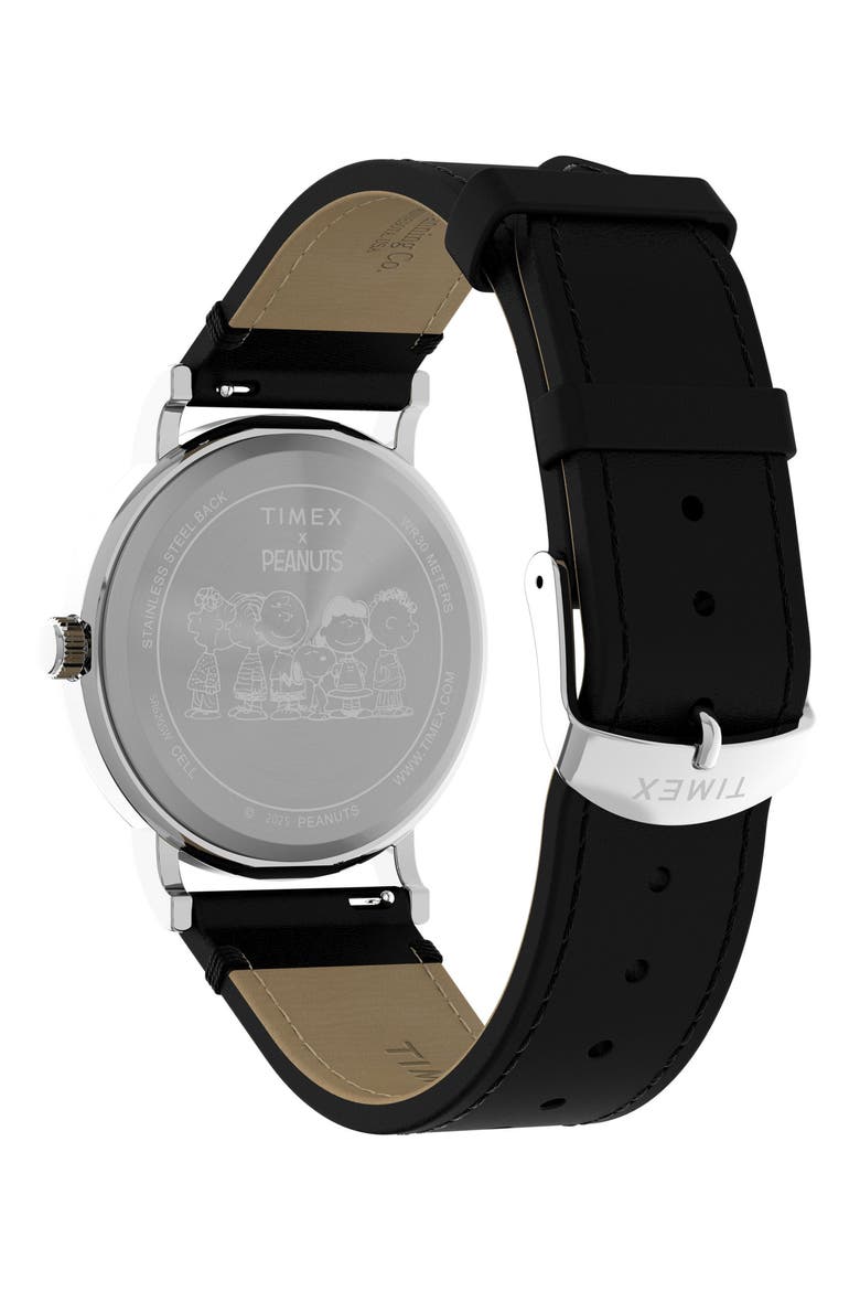 x Peanuts Weekender 75th Anniversary Edition Leather Strap Watch, 38mm, Alternate, color, BLACK