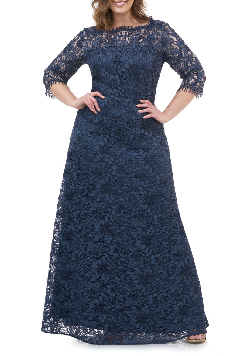 Bateau Neck Lace Gown, Main, color, MINERAL BLUE
