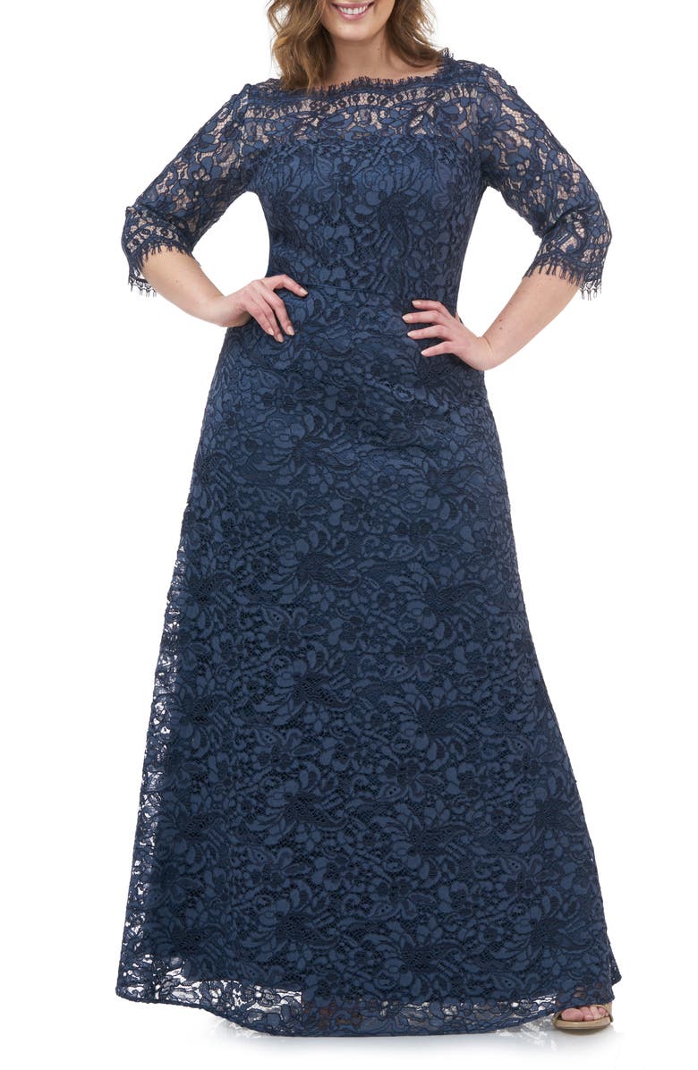 JS Collections Bateau Neck Lace Gown, Main, color,