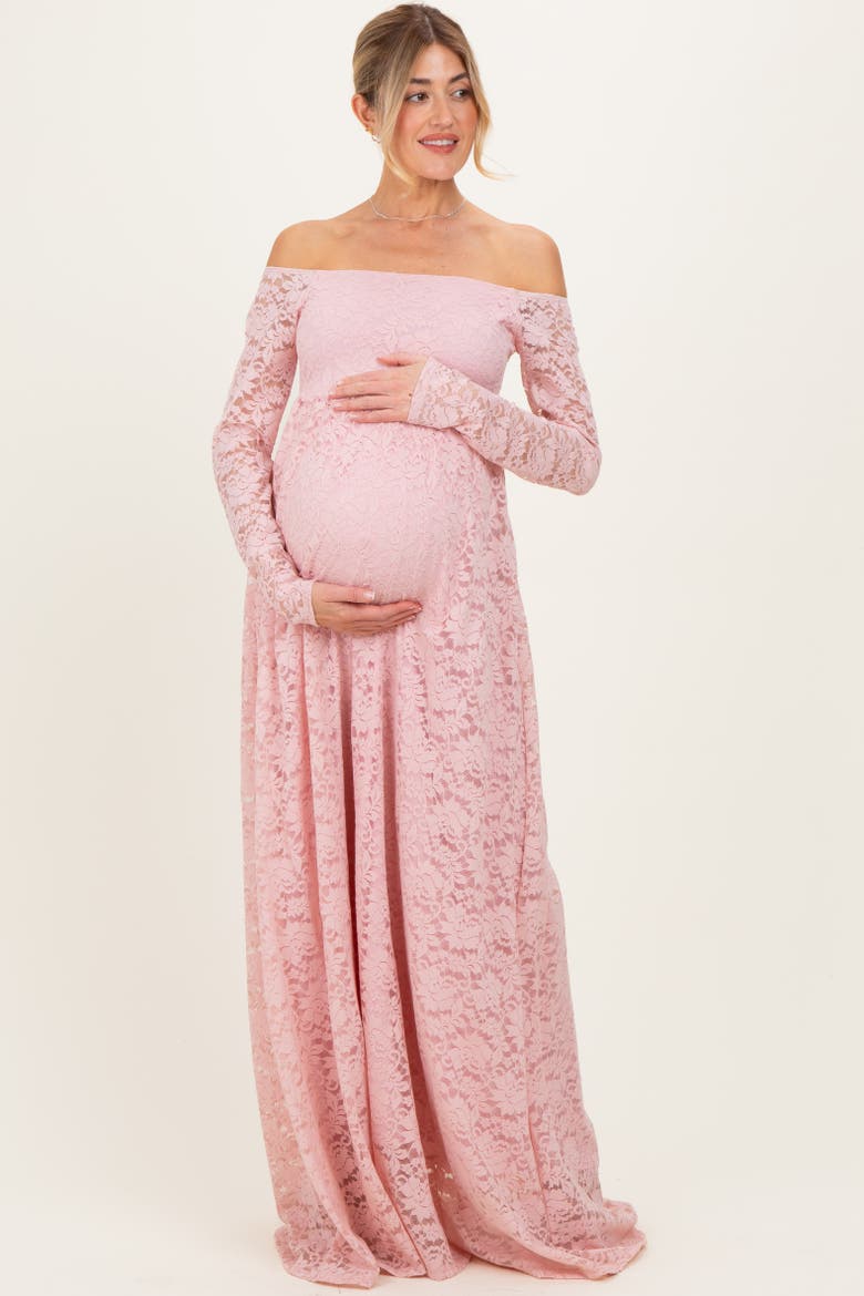 Floral Lace Long Sleeve Off Shoulder Maxi Dress, Main, color, Light Pink