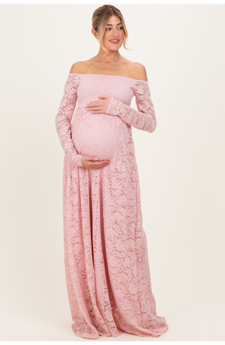 PinkBlush Floral Lace Long Sleeve Off Shoulder Maxi Dress, Main, color, Light Pink