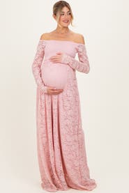 PinkBlush Floral Lace Long Sleeve Off Shoulder Maxi Dress